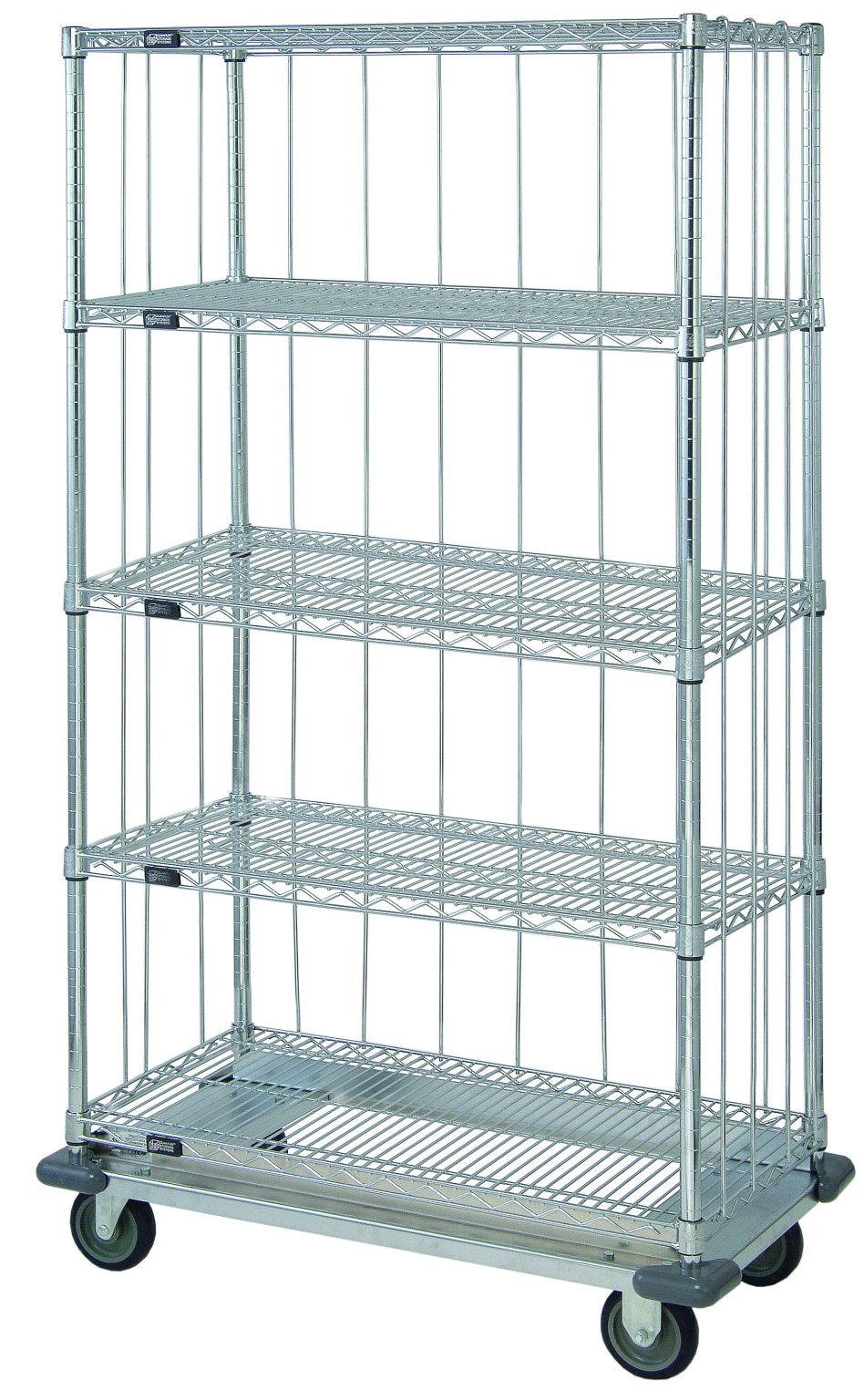 Dolly base cart with five wire shelves and rods and tabs on all three sides