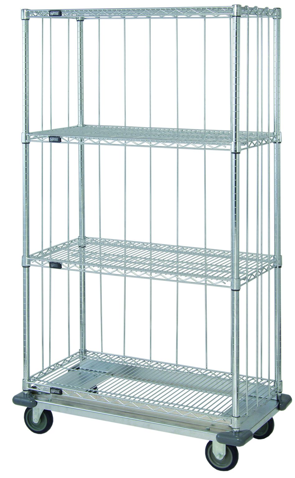 Dolly base wire cart with rods and tabs enclosing three sides and a solid bottom shelf