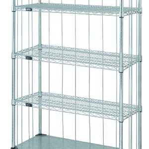 The Quantum Mobile Enclosure Cart measures 36W x 18D x 70H and includes four wire shelves, a solid galvanized steel shelf, and is equipped with four plate thermoplastic resin casters for mobility. Its open design allows easy access, while the chrome-plated finish enhances its industrial look.