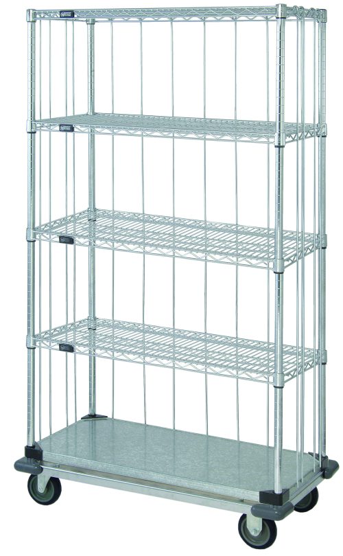 The Quantum Mobile Enclosure Cart measures 36W x 18D x 70H and includes four wire shelves, a solid galvanized steel shelf, and is equipped with four plate thermoplastic resin casters for mobility. Its open design allows easy access, while the chrome-plated finish enhances its industrial look.
