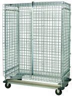 The Quantum Security Unit is a mobile wire mesh storage cage with a dolly base, hinged double doors, and four casters (two swivel with brakes). It measures 36W x 18D x 70H and includes top/bottom shelves and a security panel set for goods transport while providing visibility.