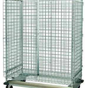 The Quantum Security Unit is a mobile wire mesh storage cage with a dolly base, hinged double doors, and four casters (two swivel with brakes). It measures 36W x 18D x 70H and includes top/bottom shelves and a security panel set for goods transport while providing visibility.