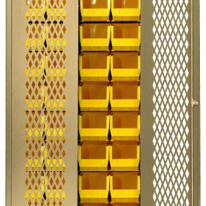 The Quantum Specialty Bin Cabinet features a robust 14-gauge all welded construction in a beige finish, measuring 36W x 18D x 78H. It includes mesh doors and comes with 36 yellow bins (Qus240), each sized at 14-3/4L x 8-1/4W x 7H. Ships assembled.
