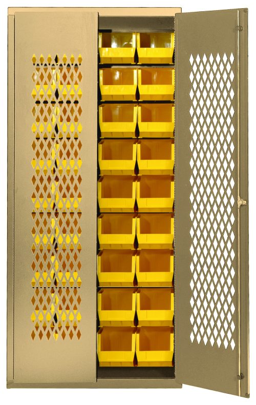 The Quantum Specialty Bin Cabinet features a robust 14-gauge all welded construction in a beige finish, measuring 36W x 18D x 78H. It includes mesh doors and comes with 36 yellow bins (Qus240), each sized at 14-3/4L x 8-1/4W x 7H. Ships assembled.