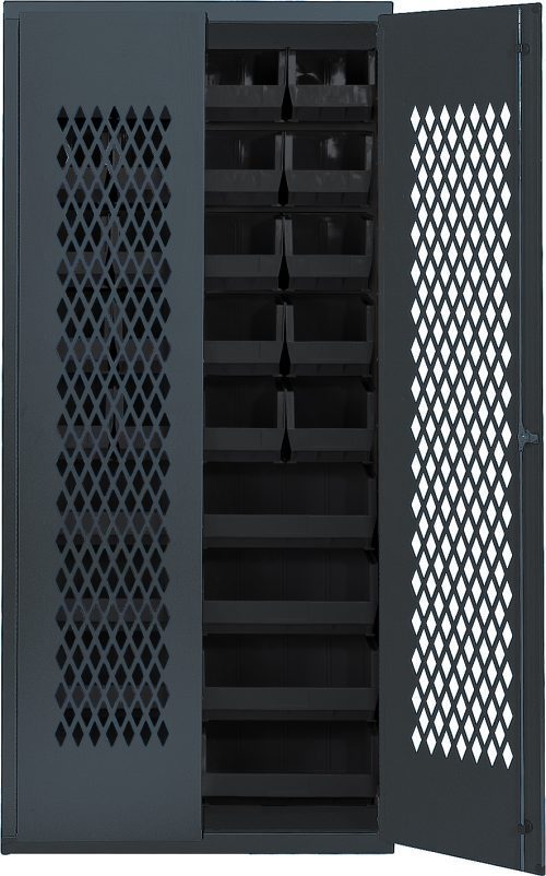 The Quantum Specialty Bin Cabinet features a 36W x 18D x 78H heavy-duty mesh door for ventilation. With an all-welded gray finish and dimensions perfect for organizing, it includes (20) Qus240 and (8) Qus250 black bins, offering robust storage capacity. Ships assembled.