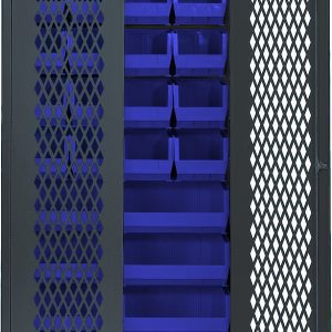 The Quantum Specialty Bin Cabinet, with dimensions of 36W x 18D x 78H and a durable 14-gauge all welded construction, features a gray mesh door that opens to reveal blue bins in various slots. Ideal for organized storage, it includes (20) Qus240 bins and (8) Qus250 bins, and ships assembled.