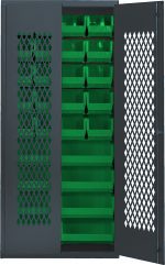 The Quantum Specialty Bin Cabinet, measuring 36W x 18D x 78H, features a durable black metal frame with mesh doors and diamond-patterned lattice for ventilation. It includes (20) QUS240 and (8) QUS250 green bins for organized storage. The heavy-duty, all-welded 14-gauge construction comes assembled in a gray finish.