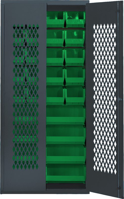 The Quantum Specialty Bin Cabinet, measuring 36W x 18D x 78H, features a durable black metal frame with mesh doors and diamond-patterned lattice for ventilation. It includes (20) QUS240 and (8) QUS250 green bins for organized storage. The heavy-duty, all-welded 14-gauge construction comes assembled in a gray finish.