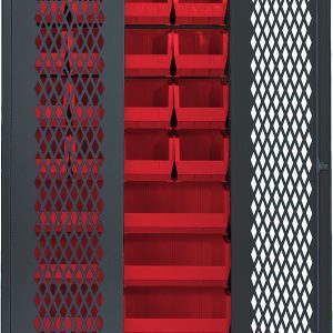 The Quantum Specialty Bin Cabinet features a durable 14-gauge, all-welded gray construction with a partially open mesh door revealing organized red bins. This heavy-duty cabinet measures 36W x 18D x 78H and includes (20) QUS240 and (8) QUS250 red bins, shipped fully assembled.