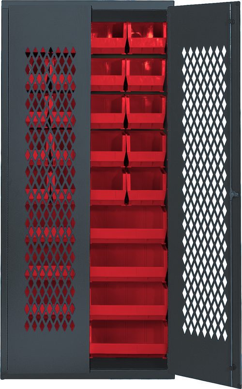 The Quantum Specialty Bin Cabinet features a durable 14-gauge, all-welded gray construction with a partially open mesh door revealing organized red bins. This heavy-duty cabinet measures 36W x 18D x 78H and includes (20) QUS240 and (8) QUS250 red bins, shipped fully assembled.