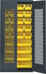 The Quantum Specialty Bin Cabinet, 36W x 18D x 78H, with a diamond-patterned mesh door, contains multiple rows of yellow bins for efficient small item organization. It includes twenty (14-3/4L x 8-1/4W x 7H) QUS240 bins and eight (14-3/4L x 16-1/2W x 7H) QUS250 bins.