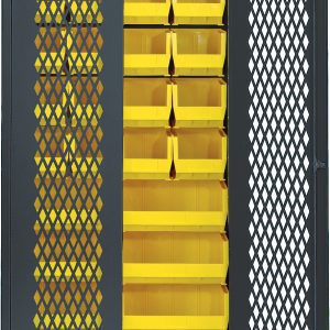 The Quantum Specialty Bin Cabinet, 36W x 18D x 78H, with a diamond-patterned mesh door, contains multiple rows of yellow bins for efficient small item organization. It includes twenty (14-3/4L x 8-1/4W x 7H) QUS240 bins and eight (14-3/4L x 16-1/2W x 7H) QUS250 bins.