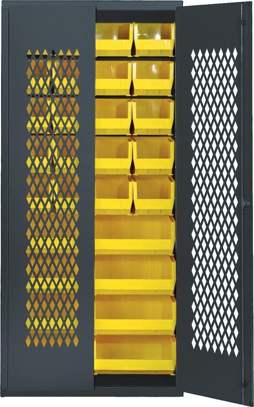 The Quantum Specialty Bin Cabinet, 36W x 18D x 78H, with a diamond-patterned mesh door, contains multiple rows of yellow bins for efficient small item organization. It includes twenty (14-3/4L x 8-1/4W x 7H) QUS240 bins and eight (14-3/4L x 16-1/2W x 7H) QUS250 bins.