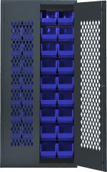 The Quantum Specialty Bin Cabinet, a heavy-duty, mesh door model measuring 36W x 18D x 78H, features multiple rows of (36) blue bins (Qus240), a diamond-patterned ventilated door, and durable 14-gauge all-welded gray construction. Ships assembled.