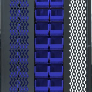 The Quantum Specialty Bin Cabinet, a heavy-duty, mesh door model measuring 36W x 18D x 78H, features multiple rows of (36) blue bins (Qus240), a diamond-patterned ventilated door, and durable 14-gauge all-welded gray construction. Ships assembled.