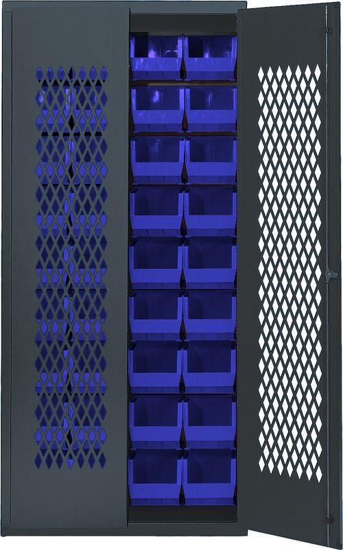 MESH-240_BL.jpg The Quantum Specialty Bin Cabinet, a heavy-duty, mesh door model measuring 36W x 18D x 78H, features multiple rows of (36) blue bins (Qus240), a diamond-patterned ventilated door, and durable 14-gauge all-welded gray construction. Ships assembled.