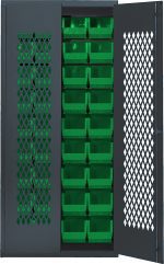 The Quantum Specialty Bin Cabinet features a 14-gauge all welded construction and a mesh door design. Inside its gray-finished, 36W x 18D x 78H frame, youll find (36) QUS240 green bins (14-3/4L x 8-1/4W x 7H) neatly organized to maximize space. Ships assembled.