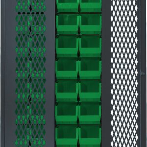 The Quantum Specialty Bin Cabinet features a 14-gauge all welded construction and a mesh door design. Inside its gray-finished, 36W x 18D x 78H frame, youll find (36) QUS240 green bins (14-3/4L x 8-1/4W x 7H) neatly organized to maximize space. Ships assembled.