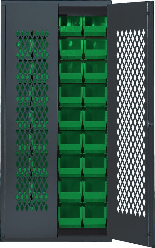 The Quantum Specialty Bin Cabinet features a 14-gauge all welded construction and a mesh door design. Inside its gray-finished, 36W x 18D x 78H frame, youll find (36) QUS240 green bins (14-3/4L x 8-1/4W x 7H) neatly organized to maximize space. Ships assembled.