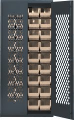 The heavy-duty gray Quantum Specialty Bin Cabinet features open mesh doors and neatly organized 14-gauge construction. Inside, 36 ivory bins (14-3/4L x 8-1/4W x 7H) are arranged on shelves in rows. The right door opens to reveal its meticulous organization. Dimensions: 36W x 18D x 78H.