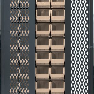 The heavy-duty gray Quantum Specialty Bin Cabinet features open mesh doors and neatly organized 14-gauge construction. Inside, 36 ivory bins (14-3/4L x 8-1/4W x 7H) are arranged on shelves in rows. The right door opens to reveal its meticulous organization. Dimensions: 36W x 18D x 78H.