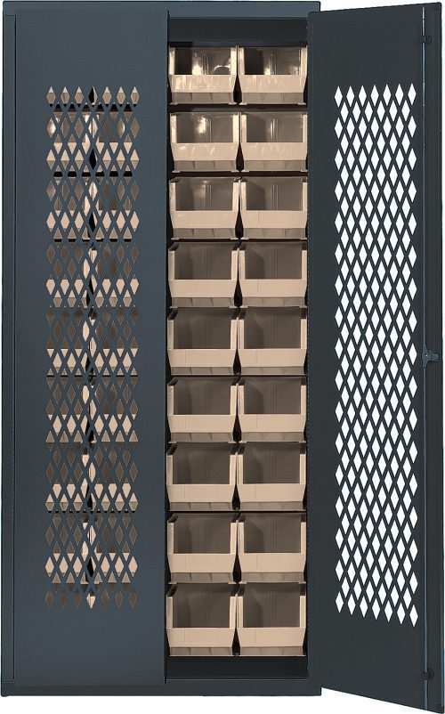 MESH-240_IV.jpg The heavy-duty gray Quantum Specialty Bin Cabinet features open mesh doors and neatly organized 14-gauge construction. Inside, 36 ivory bins (14-3/4L x 8-1/4W x 7H) are arranged on shelves in rows. The right door opens to reveal its meticulous organization. Dimensions: 36W x 18D x 78H.