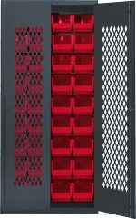A heavy-duty Quantum Specialty Bin Cabinet, with a mesh door model slightly open, displays organized red storage bins inside. It includes 36 QUS240 bins (14-3/4L x 8-1/4W x 7H) for ample storage and ventilation. The cabinet measures 36W x 18D x 78H and ships assembled.