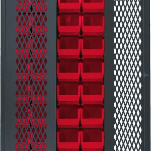 A heavy-duty Quantum Specialty Bin Cabinet, with a mesh door model slightly open, displays organized red storage bins inside. It includes 36 QUS240 bins (14-3/4L x 8-1/4W x 7H) for ample storage and ventilation. The cabinet measures 36W x 18D x 78H and ships assembled.