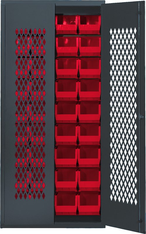 A heavy-duty Quantum Specialty Bin Cabinet, with a mesh door model slightly open, displays organized red storage bins inside. It includes 36 QUS240 bins (14-3/4L x 8-1/4W x 7H) for ample storage and ventilation. The cabinet measures 36W x 18D x 78H and ships assembled.