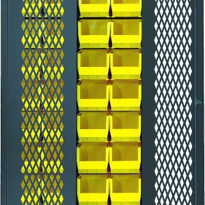 The Quantum Specialty Bin Cabinet features a mesh door design with durable 14-gauge all-welded construction. It includes thirty-six QUS240 yellow bins, each 14-3/4L x 8-1/4W x 7H, providing optimal organization and visibility inside. Dimensions: 36W x 18D x 78H; ships assembled in a gray finish.