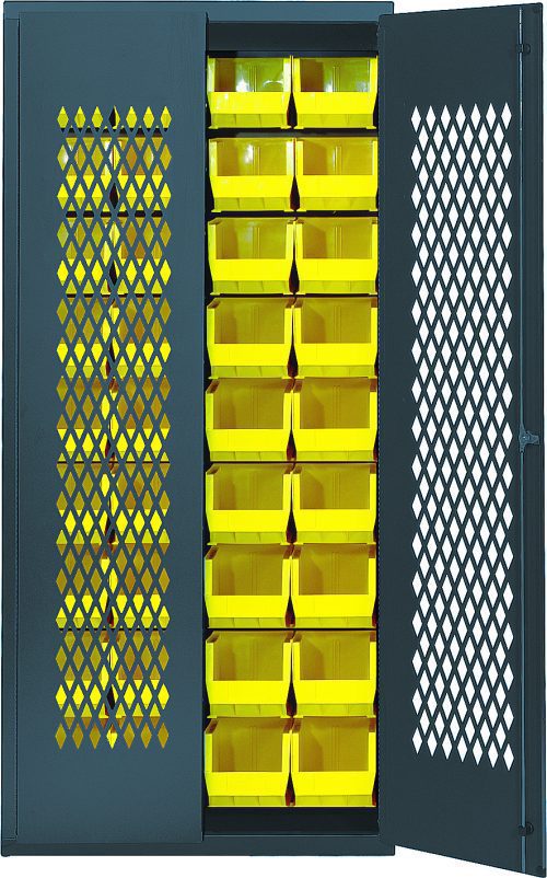 The Quantum Specialty Bin Cabinet features a mesh door design with durable 14-gauge all-welded construction. It includes thirty-six QUS240 yellow bins, each 14-3/4L x 8-1/4W x 7H, providing optimal organization and visibility inside. Dimensions: 36W x 18D x 78H; ships assembled in a gray finish.