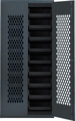 The Quantum Specialty Bin Cabinet features a durable, heavy-duty mesh door design with dimensions of 36W x 18D x 78H. It includes (18) black bins, each measuring 14-3/4L x 16-1/2W x 7H, and offers reliable storage with its robust 14-gauge all welded construction in a gray finish.