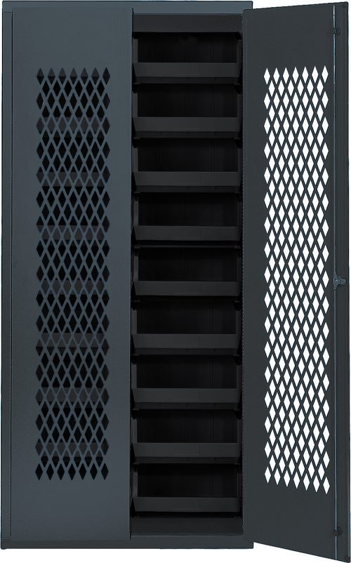 The Quantum Specialty Bin Cabinet features a durable, heavy-duty mesh door design with dimensions of 36W x 18D x 78H. It includes (18) black bins, each measuring 14-3/4L x 16-1/2W x 7H, and offers reliable storage with its robust 14-gauge all welded construction in a gray finish.