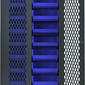 This Quantum Specialty Bin Cabinet, a heavy-duty model with a mesh door, is 36W x 18D x 78H. It includes (18) QUS250 blue bins (14-3/4L x 16-1/2W x 7H). The diamond-shaped perforations enhance visibility of the bins inside. It features durable 14-gauge all-welded construction and arrives assembled.