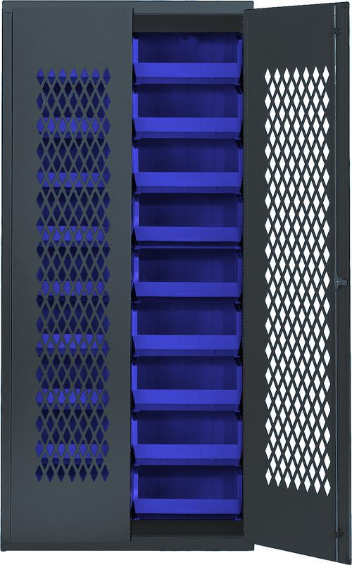 This Quantum Specialty Bin Cabinet, a heavy-duty model with a mesh door, is 36W x 18D x 78H. It includes (18) QUS250 blue bins (14-3/4L x 16-1/2W x 7H). The diamond-shaped perforations enhance visibility of the bins inside. It features durable 14-gauge all-welded construction and arrives assembled.