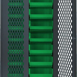 A Quantum Specialty Bin Cabinet with a mesh door reveals an organized interior featuring 18 green bins (QUS250) measuring 14-3/4L x 16-1/2W x 7H. Its heavy-duty, gray, and all-welded, sized at 36W x 18D x 78H, set against a plain backdrop.