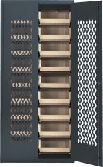 Image of a Quantum Specialty Bin Cabinet, Heavy-Duty Mesh Door Model with one door open, featuring multiple ivory bins inside. The cabinet boasts 14-gauge all-welded construction and diamond-pattern perforation for ventilation, measuring 36W x 18D x 78H and ships assembled.