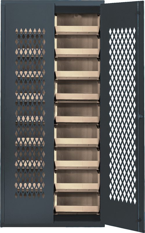 Image of a Quantum Specialty Bin Cabinet, Heavy-Duty Mesh Door Model with one door open, featuring multiple ivory bins inside. The cabinet boasts 14-gauge all-welded construction and diamond-pattern perforation for ventilation, measuring 36W x 18D x 78H and ships assembled.