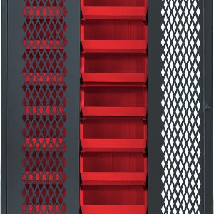 The Quantum Specialty Bin Cabinet is a heavy-duty, assembled unit with a mesh door, measuring 36W x 18D x 78H. It has a sleek gray finish and includes (18) 14-3/4L x 16-1/2W x 7H (QUS250) red bins. Its perforated design allows easy visibility of contents.