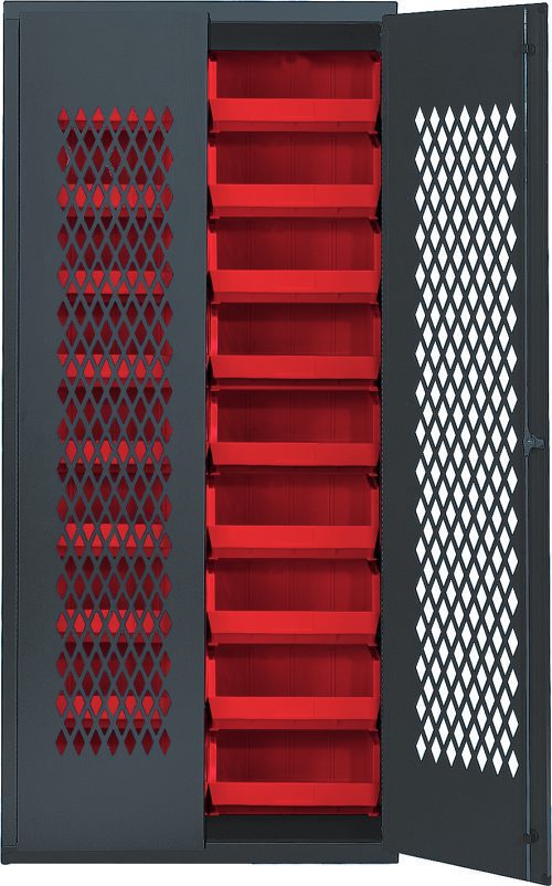 The Quantum Specialty Bin Cabinet is a heavy-duty, assembled unit with a mesh door, measuring 36W x 18D x 78H. It has a sleek gray finish and includes (18) 14-3/4L x 16-1/2W x 7H (QUS250) red bins. Its perforated design allows easy visibility of contents.