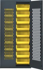 An open metal storage cabinet reveals Quantum Specialty Bin Cabinets with 18 yellow QUS250 bins (14-3/4L x 16-1/2W x 7H), featuring a lattice design on its mesh doors for ventilation. The cabinet measures 36W x 18D x 78H and is made of gray, heavy-duty, 14-gauge welded steel.