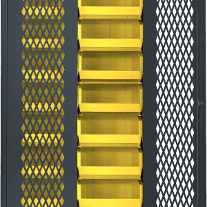 An open metal storage cabinet reveals Quantum Specialty Bin Cabinets with 18 yellow QUS250 bins (14-3/4L x 16-1/2W x 7H), featuring a lattice design on its mesh doors for ventilation. The cabinet measures 36W x 18D x 78H and is made of gray, heavy-duty, 14-gauge welded steel.