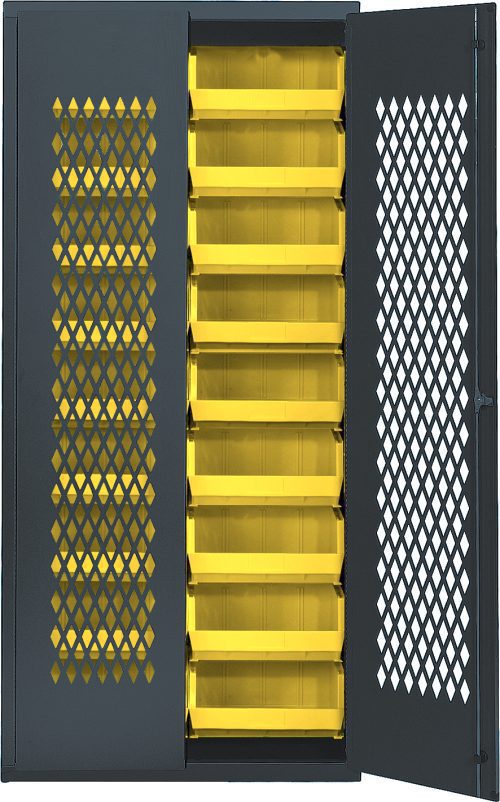 An open metal storage cabinet reveals Quantum Specialty Bin Cabinets with 18 yellow QUS250 bins (14-3/4L x 16-1/2W x 7H), featuring a lattice design on its mesh doors for ventilation. The cabinet measures 36W x 18D x 78H and is made of gray, heavy-duty, 14-gauge welded steel.