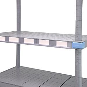 The Quantum Label Holder is a compact 17.5L, gray, multi-tiered plastic storage shelf with adjustable height markings on vertical supports and durable grid-like shelves. It features blue corner accents with an embossed logo and is designed for use with 24D Millenia shelves.