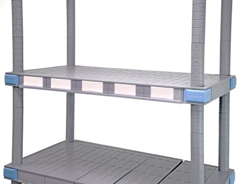The Quantum Label Holder is a compact 17.5L, gray, multi-tiered plastic storage shelf with adjustable height markings on vertical supports and durable grid-like shelves. It features blue corner accents with an embossed logo and is designed for use with 24D Millenia shelves.