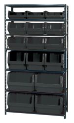 A Quantum Magnum Bin Steel Shelving unit, 42W x 18D x 75H, with seven shelves holds (4) QMS543 bins and (3) QMS533 bins, all dark gray.