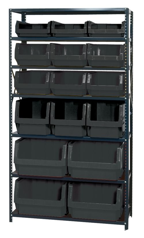 MSU-16-MIX_BK.jpg A Quantum Magnum Bin Steel Shelving unit, 42W x 18D x 75H, with seven shelves holds (4) QMS543 bins and (3) QMS533 bins, all dark gray.