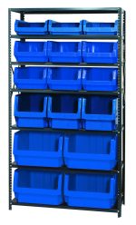The Quantum Magnum Bin Steel Shelving, 42W x 18D x 75H, includes (7) shelves and comes with (3) large blue bins measuring 19-3/4L x 12-3/8W x 11-7/8H (Qms533). Its open-front design facilitates easy access, ideal for organizing items. Corrosion and rust-resistant. Made in the USA.