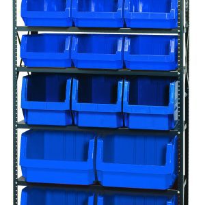 The Quantum Magnum Bin Steel Shelving, 42W x 18D x 75H, includes (7) shelves and comes with (3) large blue bins measuring 19-3/4L x 12-3/8W x 11-7/8H (Qms533). Its open-front design facilitates easy access, ideal for organizing items. Corrosion and rust-resistant. Made in the USA.