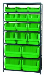 This Quantum Magnum Bin Steel Shelving, measuring 42W x 18D x 75H, features seven shelves with four QMS543 bins, three QMS533 bins, six bright green QMS532 bins, and three QMS531 bins. Each open-front bin ensures easy access while enhancing an organized and industrial look. Made in the USA.